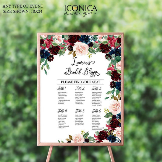 Bridal Shower Seating Chart Navy Burgundy Board Decor Printed Seating Chart Guest List Chart Template{AVA Collection}