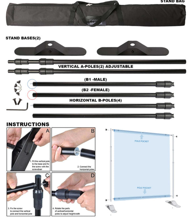 Telescopic Backdrop Stand ADD-ON, Upgrade your Backdrop purchase, 8'x8' or 8'x10' backdrop stand, A la Carte