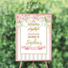 Load image into Gallery viewer, Carousel Welcome Sign , Carousel Baby Shower, Carnival Welcome Sign, Floral Pink, Pastel Colors, Any text, Printed File SWBD004
