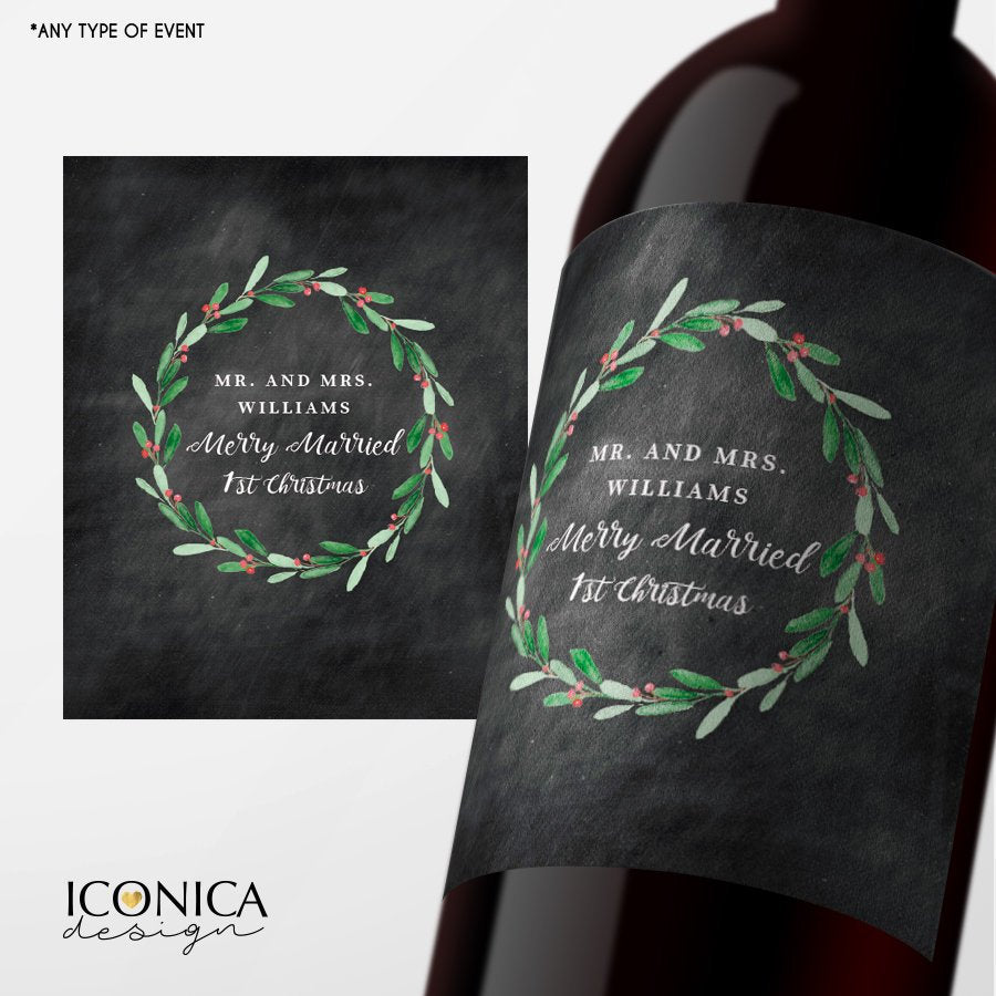 1st Christmas Favors, Custom Wine Labels, Champagne Labels, Merry Married Bottle wrappers, personalized beer or wine labels, Festive Wreath