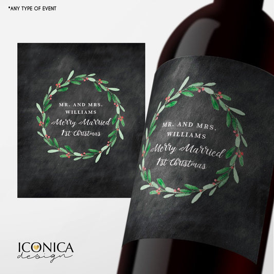 1st Christmas Favors, Custom Wine Labels, Champagne Labels, Merry Married Bottle wrappers, personalized beer or wine labels, Festive Wreath