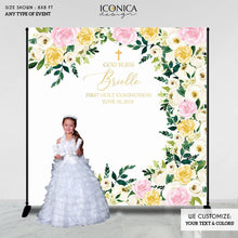 Load image into Gallery viewer, Baptism Party Decor, God Bless Personalized Backdrop, Floral Pink,Gold,Ivory Photo Backdrop,Communion Party Decor
