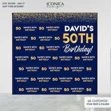 Load image into Gallery viewer, Birthday Photo Booth Backdrop, 50th Birthday Party Decor, Blue and Gold backdrop, Milestone Birthday Backdrop, any age or color, Printed BBD0140

