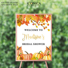 Load image into Gallery viewer, Fall Bridal Shower Welcome Sign, Fall Party Welcome Sign, Fall Leaves, Orange and Faux Gold, Printed Or Printable File
