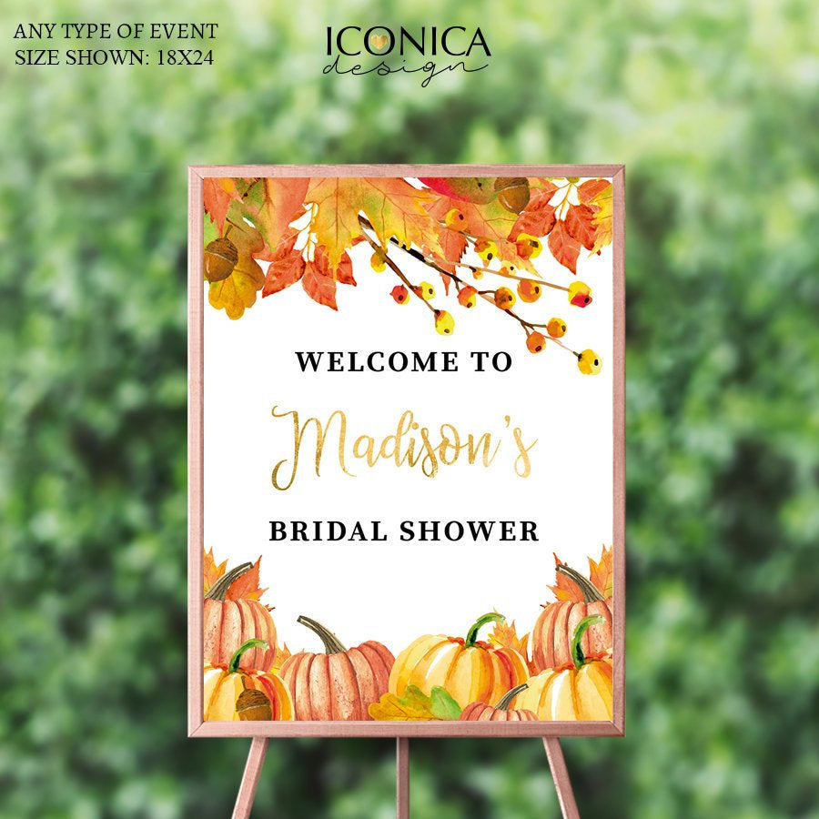 Fall Bridal Shower Welcome Sign, Fall Party Welcome Sign, Fall Leaves, Orange and Faux Gold, Printed Or Printable File
