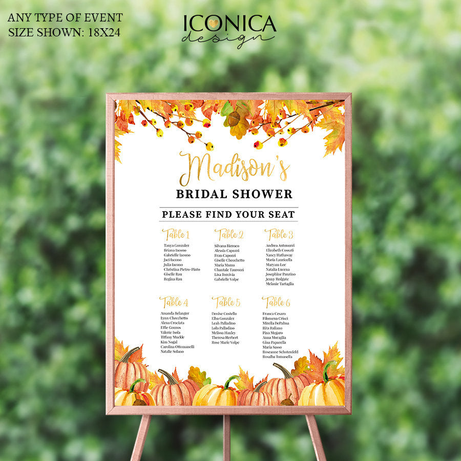 Fall Bridal Shower Decor, Fall Engagement Party Seating Chart Board,Custom Guest List Chart,Personalized Seating Chart