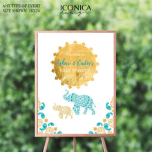 Load image into Gallery viewer, Moroccan Baby Shower Welcome Sign , Personalized Moroccan Decor, Elephant Shower,Arabian Decor, Teal and Gold, Printed

