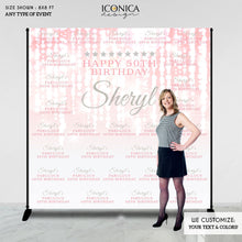 Load image into Gallery viewer, Photo Booth Backdrop - 50th Birthday Step And Repeat Backdrop Pink Silver Chandelier, Milestone Birthday Backdrop, Red Carpet Banner - Printed
