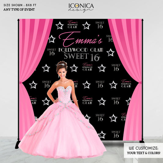 Sweet 16 Photo Booth Backdrop, Sweet Sixteen, Personalized Movie Star Themed backdrop,Birthday Step And Repeat,Hollywood Glam, Printed BBD0095