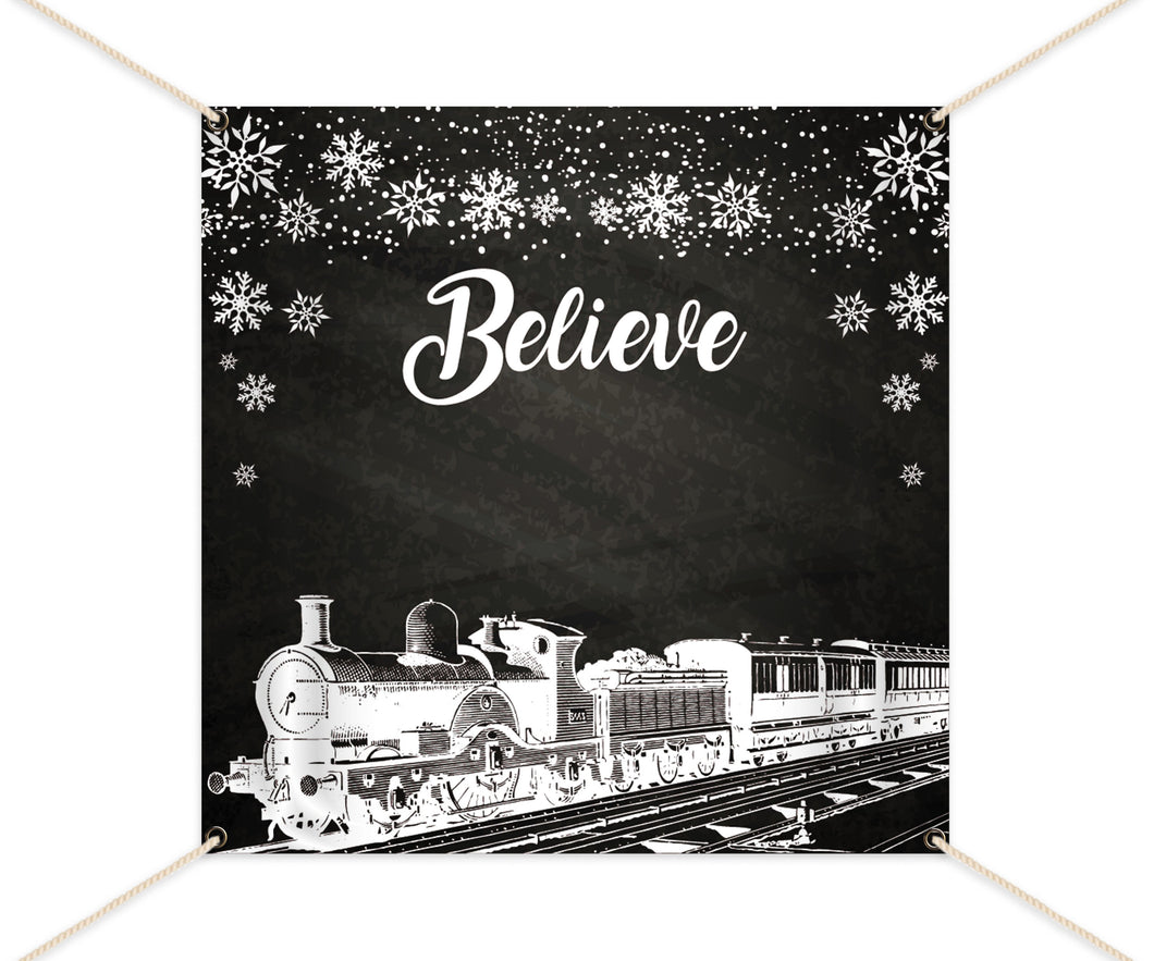 Christmas Party Backdrop , BELIEVE Photo Booth Backdrop, Train Party Step and Repeat Backdrop, Printed BWD0022