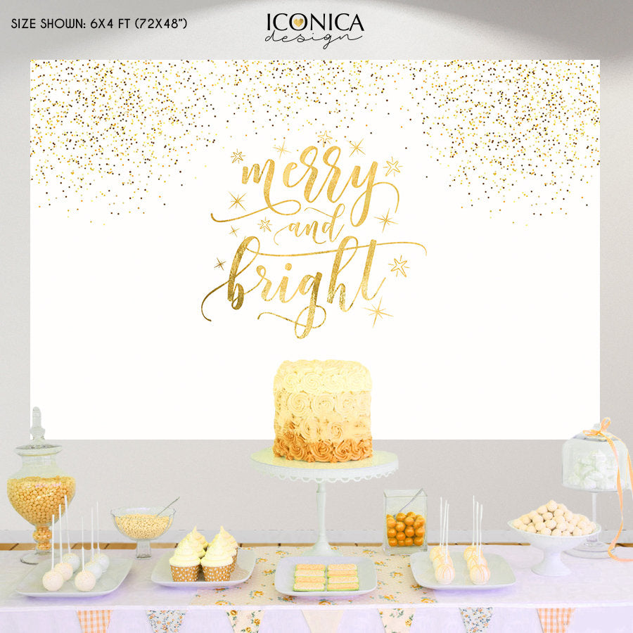 Christmas Party Backdrop,Gold Holiday Decor,Merry and Bright ,Vinyl Printed Banner,Ready to Ship
