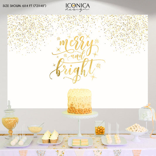 Christmas Party Backdrop,Gold Holiday Decor,Merry and Bright ,Vinyl Printed Banner,Ready to Ship