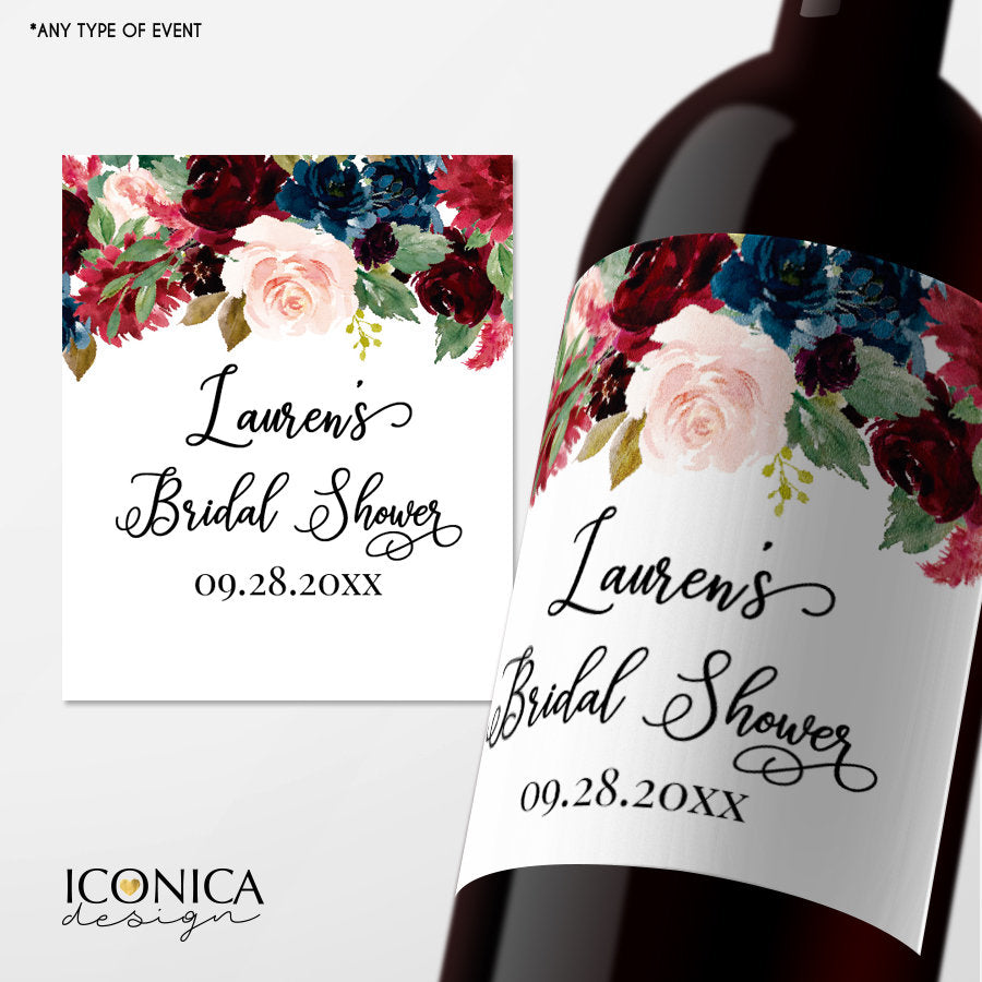 Bridal Shower Beverage Labels Personalized Burgundy Blush Navy Bottle wrappers Wine labels for Bridal Shower Champagne Label{AVA Collection}