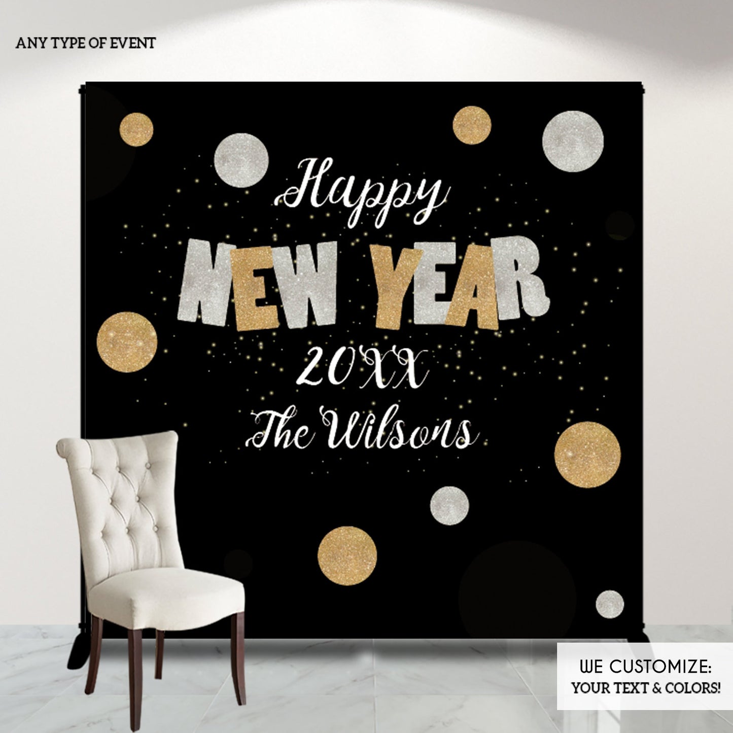 NYE PARTY New Year's Eve party Photo Booth Backdrop, Black and Faux Gold backdrop, any type of event, Printed or Printable File BHO0036