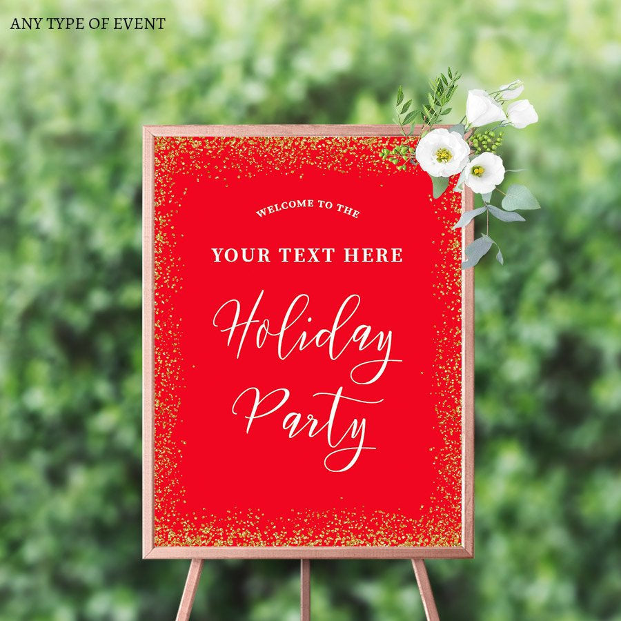Holiday Party Welcome Sign , Christmas Party Decor, Red and Gold Holiday Party Decor, Festive Welcome Sign, Any text or color SWH0002