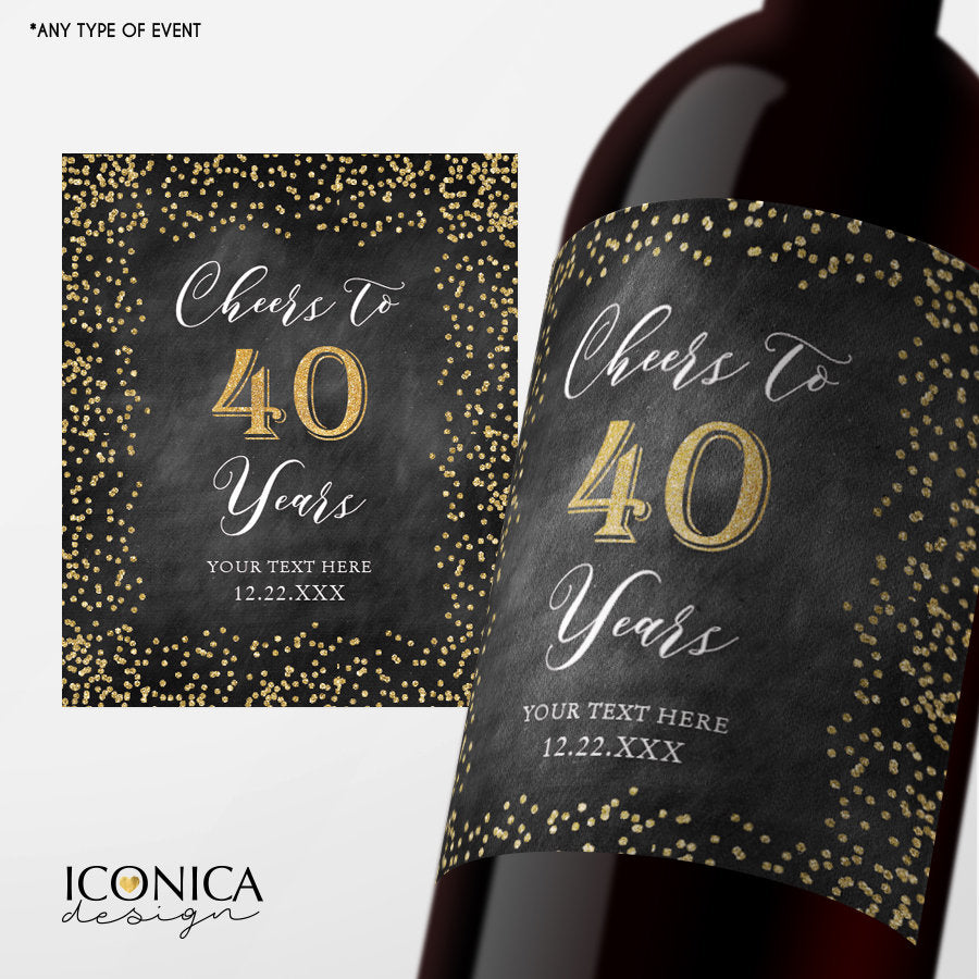 40th Birthday Party Decor, Any Age, Custom Beverage Labels, Bottle wrappers, personalized beer or wine labels, gold and chalky design