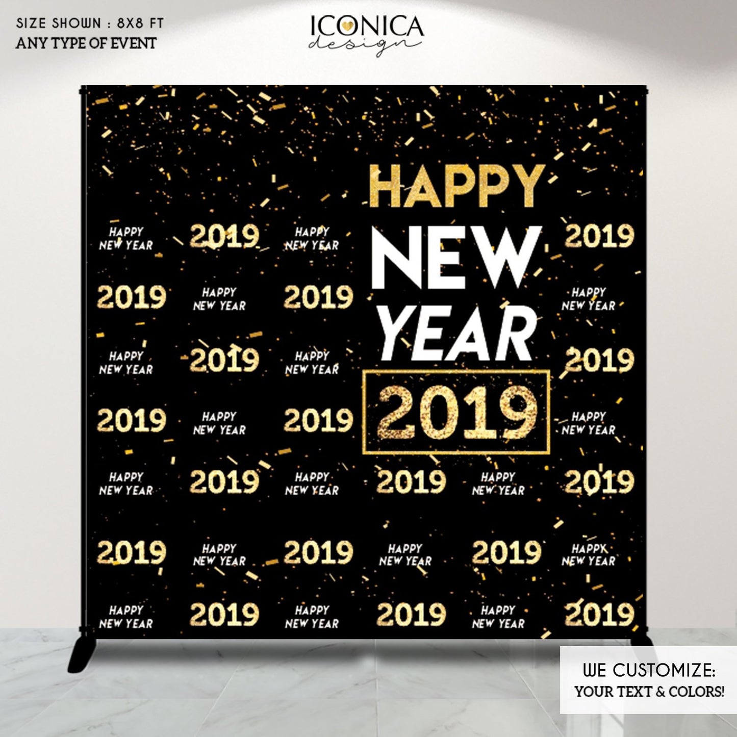 NYE PARTY New Year's Eve party Photo Booth Backdrop, Black and Faux Gold backdrop, any type of event, Printed or Printable File BHO0037