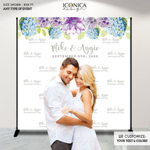 Load image into Gallery viewer, Purple Floral Photo Booth Backdrop, Custom Step And Repeat Backdrop, Wedding Backdrop, hydrangea flowers, Printed BWD0038

