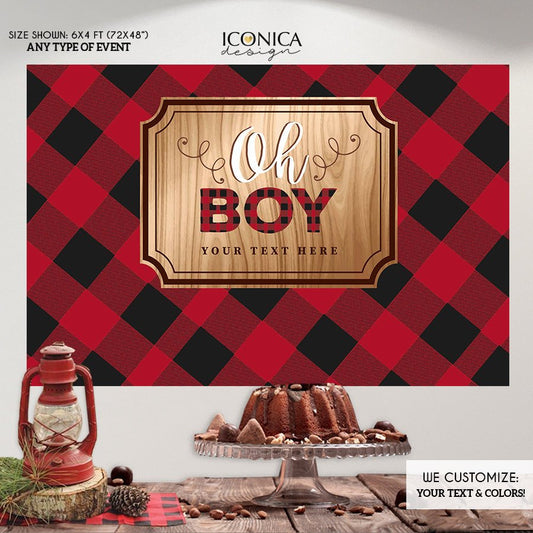 Virtual Baby Shower Lumberjack Baby Shower Backdrop, Buffalo Plaid vinyl banner, Lumberjack Party,Oh boy banner, Holiday Plaid, BBD0149