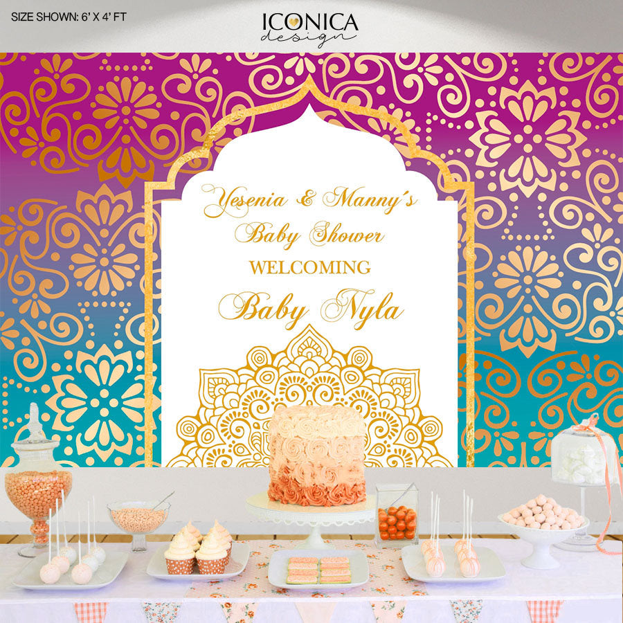 Moroccan Baby Shower Backdrop, Arabian Nights,Henna Party, Muslim wedding, Hindu wedding, Purple Teal Party Decor BBS0071
