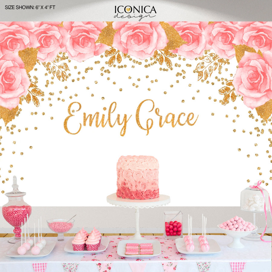 Bridal Shower Backdrop, Pink Flowers and Gold Faux Glitter Decor, any wording, Printed BBR0030