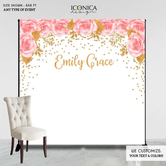 Bridal Shower Backdrop, Pink Flowers and Gold Faux Glitter Decor, any wording, Printed BBR0030