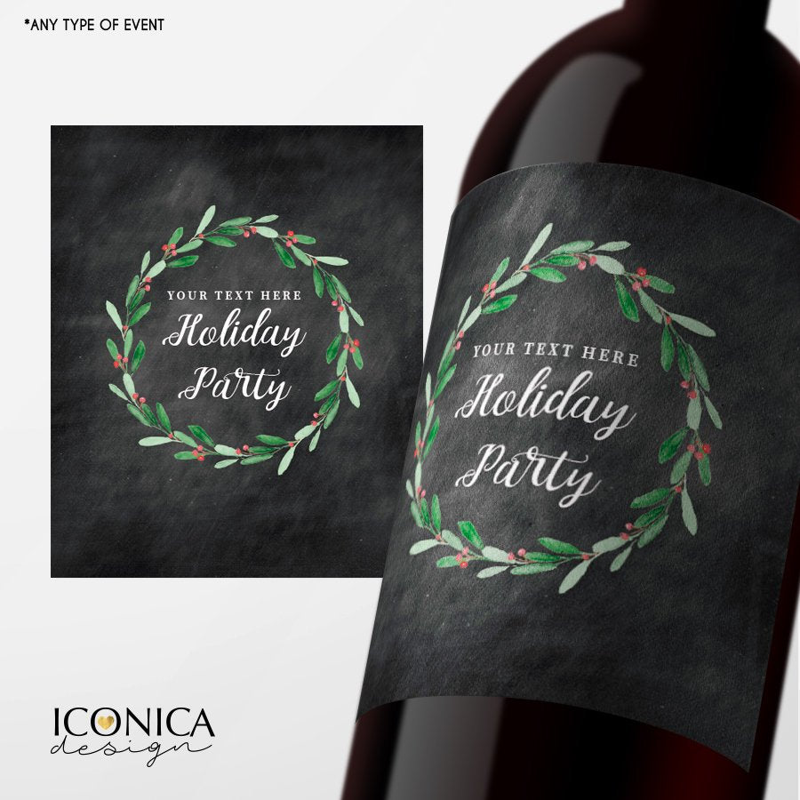 1st Christmas Favors, Custom Wine Labels, Champagne Labels, Merry Married Bottle wrappers, personalized beer or wine labels, Festive Wreath