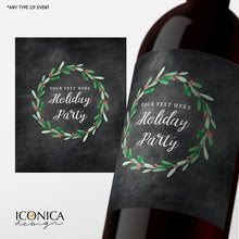 Load image into Gallery viewer, Christmas Wine Labels,Christmas Party Favors,Champagne Labels,Festive Bottle wrappers, personalized beer or wine labels, Festive Wreath
