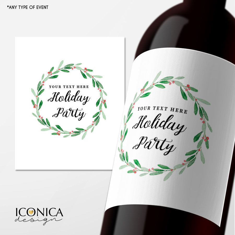 Christmas Wine Labels,Christmas Party Favors,Champagne Labels,Festive Bottle wrappers, personalized beer or wine labels, Festive Wreath