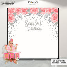 Load image into Gallery viewer, Pink Floral Baby Shower Backdrop, Pink Roses and Silver or Gold Faux Glitter Decor, any wording, Virtual Baby Shower
