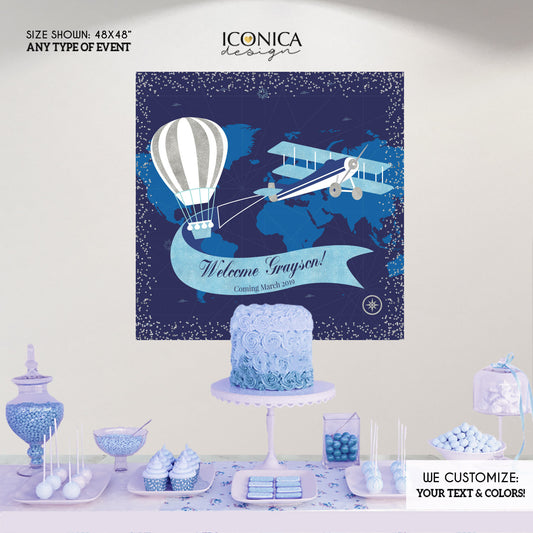 Travel Theme Baby Shower,Hot Air Balloon Decor, Airplane First Birthday, Up up and away,Boy meets world, Printed BBS0054