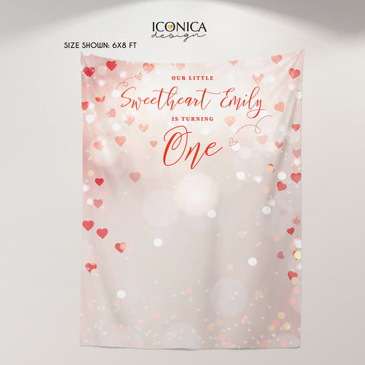 Valentines Day Birthday backdrop, Valentine's day,  Our little Sweetheart First Birthday Decorations,Hearts Bokeh Photo Backdrop, Valentines banner BVL0007
