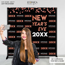Load image into Gallery viewer, NYE PARTY New Year&#39;s Eve party Photo Booth Backdrop, Black and Faux Gold Rose backdrop, any type of event, Printed or Printable File BHO0027
