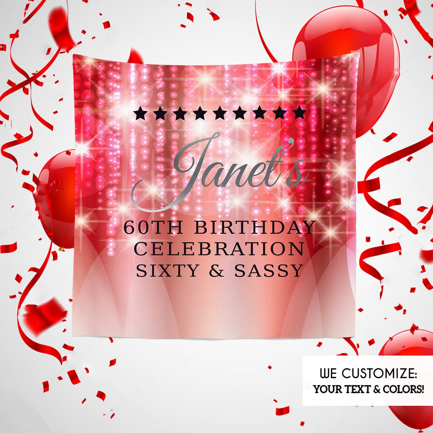 Photo Booth Backdrop - 60th Birthday Step And Repeat Backdrop Red Silver Chandelier, Milestone Birthday Backdrop, Sixty and Sassy - Printed BBD0068