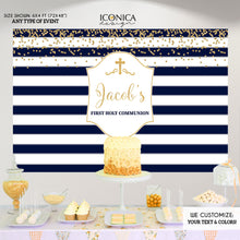 Load image into Gallery viewer, First Communion Photo Booth Backdrop,Blue and Gold Striped Backdrop,Step And Repeat,Printed ,Free Shipping BFC0015
