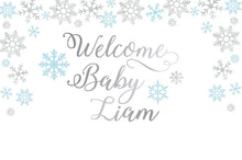 Load image into Gallery viewer, Baby it&#39;s cold outside Backdrop, Light Blue and Silver Snowflakes Banner, Christmas Party - Printed BHO0024
