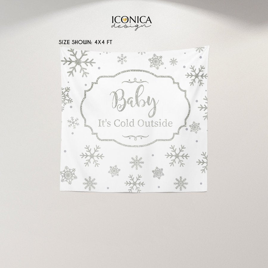 Holiday Party Backdrop whiter Silver Snowflakes "Baby it's cold outside" Party Banner Christmas Party - Printed  BAE0013