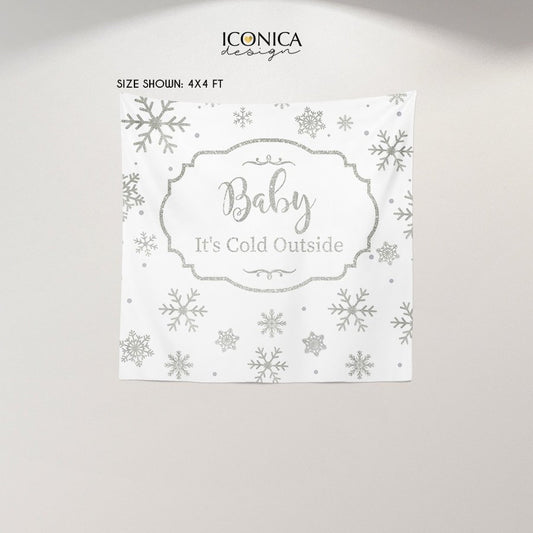 Holiday Party Backdrop whiter Silver Snowflakes "Baby it's cold outside" Party Banner Christmas Party - Printed  BAE0013
