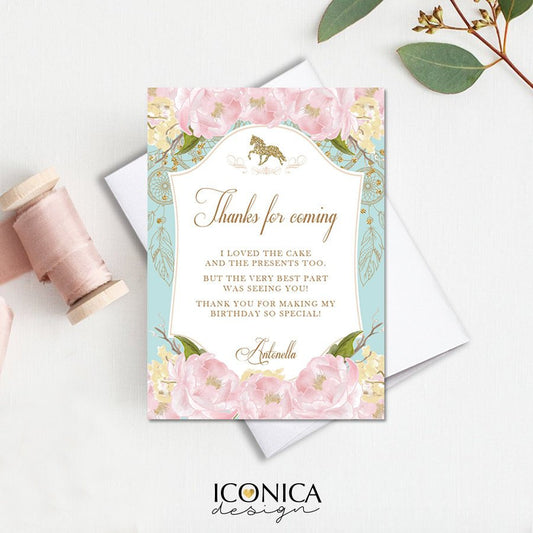 Horse Thank you Cards Equestrian Party Boho Chic Birthday Party Cowgirl Floral Pink and Blue and Pink Peony Customized Thank you Tags