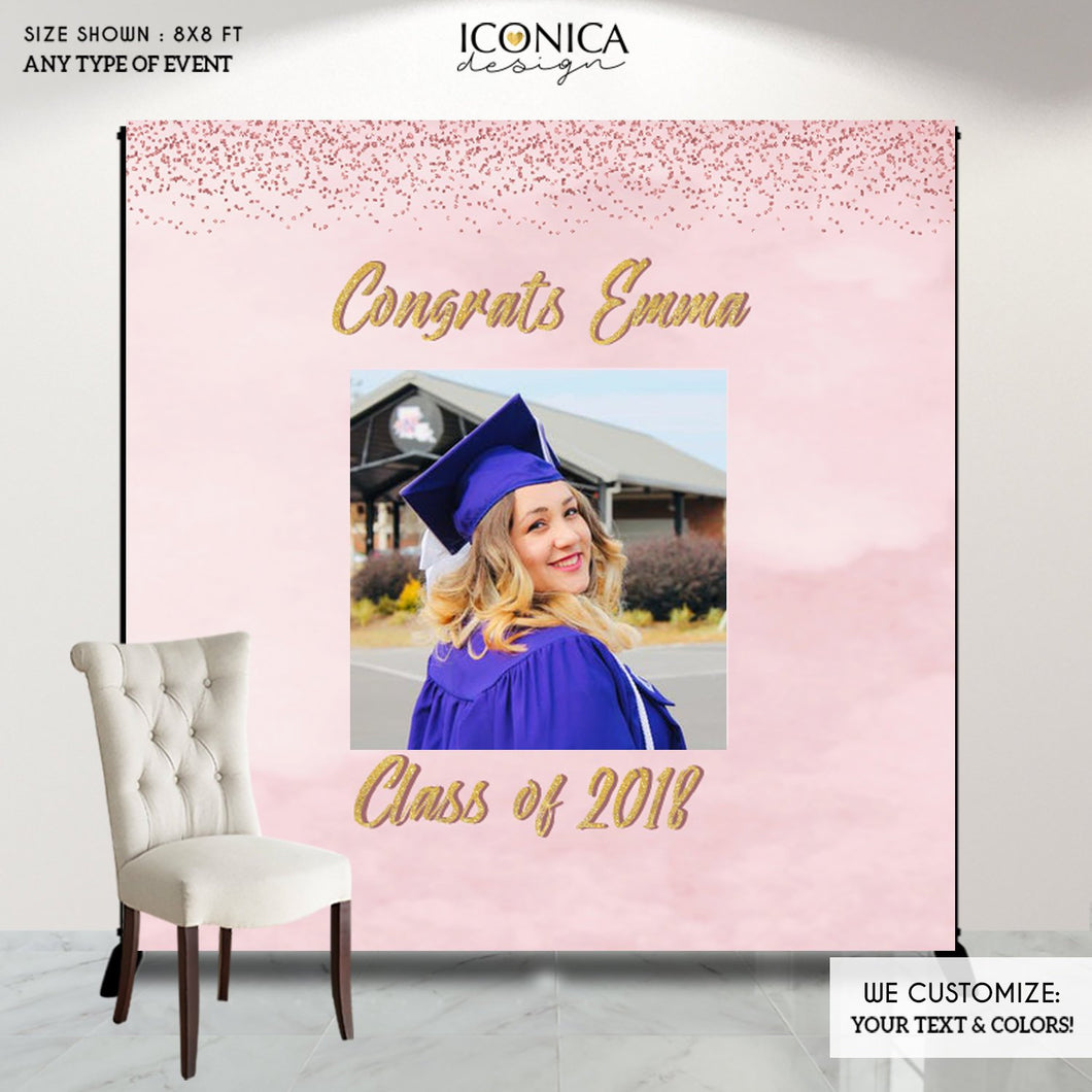 Graduation Party Photo Booth Backdrop, Virtual Graduation Step and Repeat, Congrats Grad, Pink Watercolor Printed BGR0020