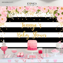Load image into Gallery viewer, Baby Shower Floral Party Backdrop, Black And White Stripes, Baby Shower Banner, Any Event, Gold Confetti, Printed Or Printable File Bbs0002
