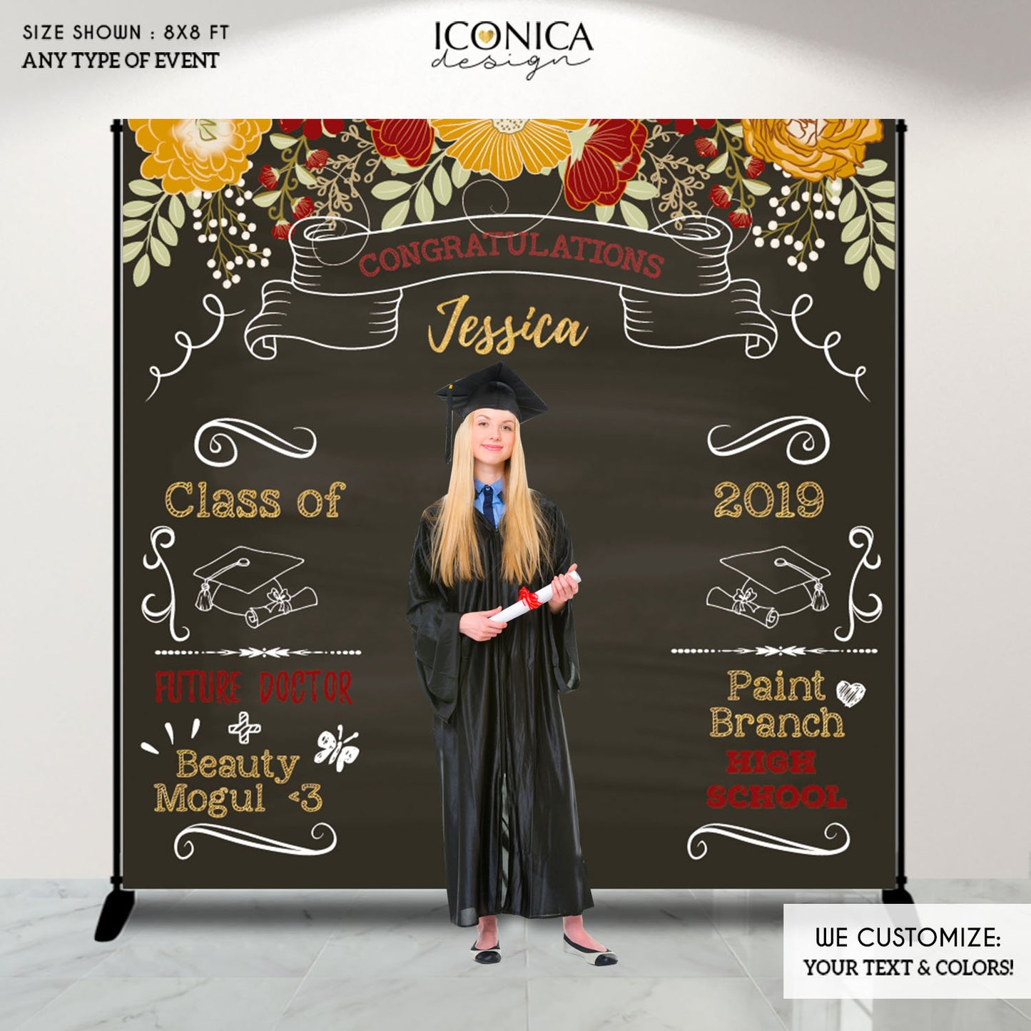 Graduation Party Photo Booth Backdrop, Virtual Graduation, Floral Graduation Step and Repeat Backdrop, Congrats Grad Banner,BGR0012