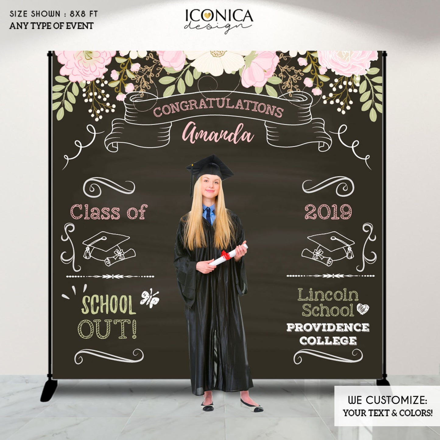 Graduation Party Photo Booth Backdrop,Graduation Party Decorations,Congrats Grad Decor,Floral Graduation Step and Repeat Backdrop, BGR0017