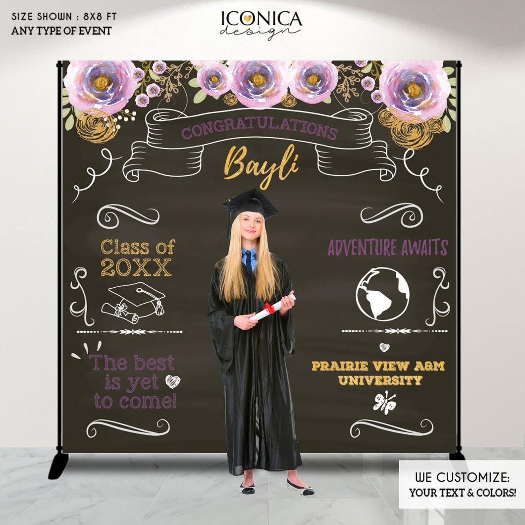 Graduation Party Photo Booth Backdrop, Graduation, Floral Step and Repeat, Congrats Grad, Banner Printed BGR0007
