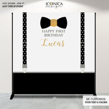 Load image into Gallery viewer, Little Man First Birthday Backdrop, Bowtie Backdrop, Mr. ONEderful Party Decor, Any Color text or age, Printed
