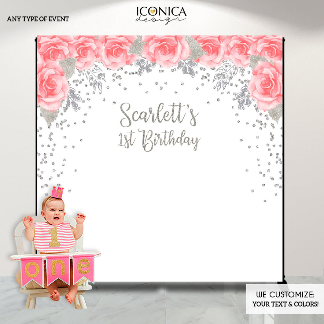 First Birthday Party Backdrop, Pink Roses and Silver or Gold Faux Glitter Decor, any wording, more colors available BBR0030