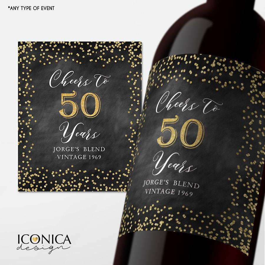 50th Birthday Party Favors, Any Age, Custom Beverage Labels, Bottle wrappers, personalized beer or wine labels, gold and chalky design