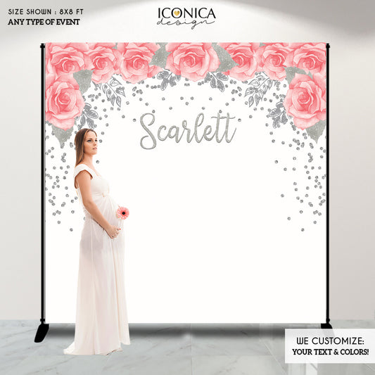 Pink Floral Baby Shower Backdrop, Pink Roses and Silver or Gold Faux Glitter Decor, any wording, Virtual Baby Shower
