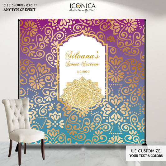Moroccan Sweet Sixteen Backdrop,Arabian Nights,Henna Party,Muslim wedding,Hindu wedding,Purple Teal Party Decor, Printed