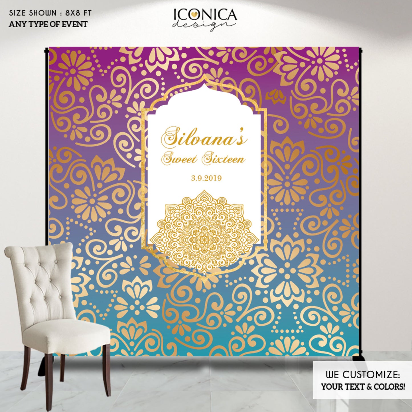 Moroccan Baby Shower Backdrop, Arabian Nights,Henna Party, Muslim wedding, Hindu wedding, Purple Teal Party Decor BBS0071